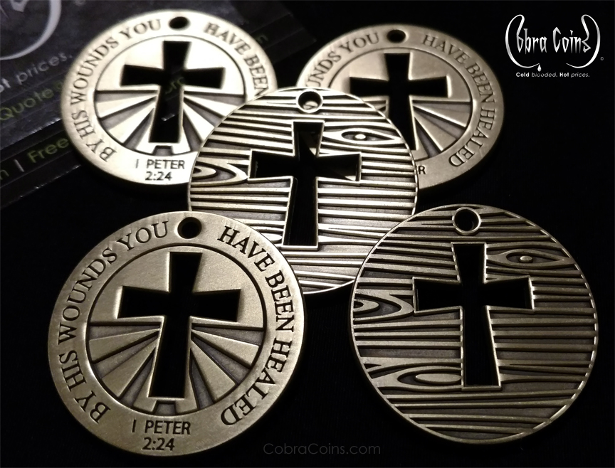 Antique Brass 1 Peter 2:24 Bible verse coin. By His wounds you have been healed. Jesus cross coin. Pendant. Pendent. Created by Cobra Coins. Created by CobraCoins.com