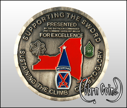 Antique, round challenge coin with a wave edge cut. Cobracoins.com Cobra Coins