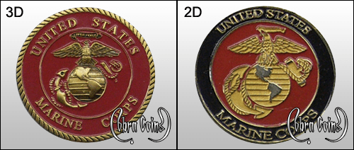 3D coin vs 2D coin. Example of a 3D vs 2D custom challenge coin. Created by Cobra Coins. Created by CobraCoins.com