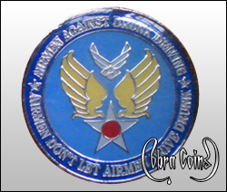 Shiny, round challenge coin with epoxy. Air Force logo. Cobracoins.com Cobra Coins