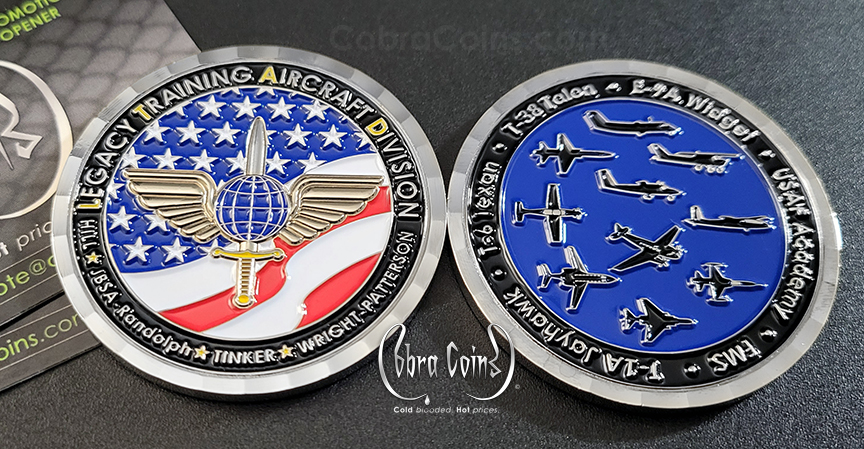 Shiny Silver, Legacy Training Aircraft Division coin has a Wave Edge cut. Created by Cobra Coins. Created by CobraCoins.com
