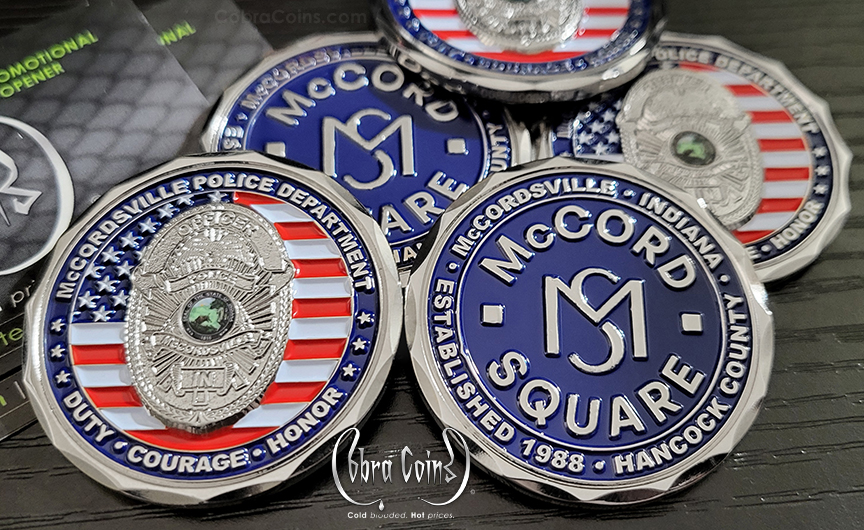 Shiny Silver McCordsville Police Department coin has a Wave Edge Cut. McCordsville, Indiana. Hancock County. Duty Courage Honor. Created by Cobra Coins. Created by CobraCoins.com