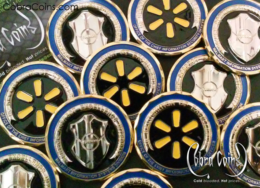 Shiny Gold and Shiny Silver Walmart coin. Shield design. In recognition of Excellence. Created by Cobra Coins. Created by CobraCoins.com